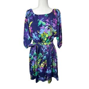 Eliza J Womens Floral Print Dress Size 4 Colorful Flowers Navy Blue Purple Green